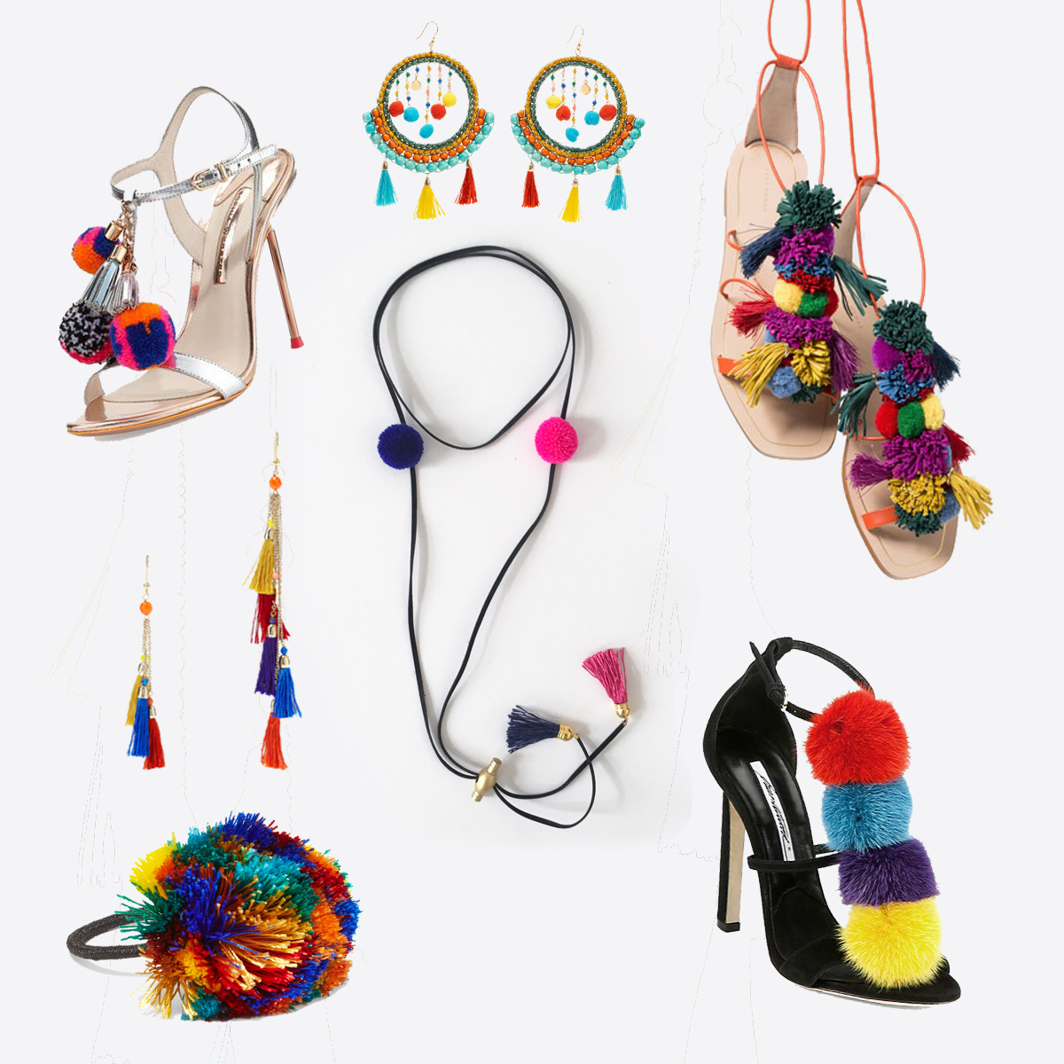 Choker from WE ARE FLOWERGIRLS, Jewellery and XXL-PomPom from ROSANTICA, sandals from ZARA, black heels from Bryan Atwood, silver heels from Sophia Webster.