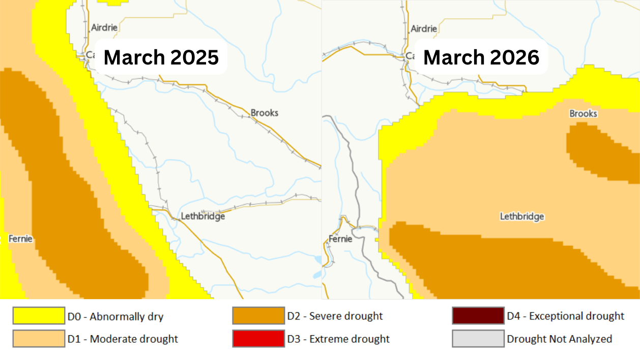 a map showing drought conditions in southern Alberta in March 2025 and March 2026