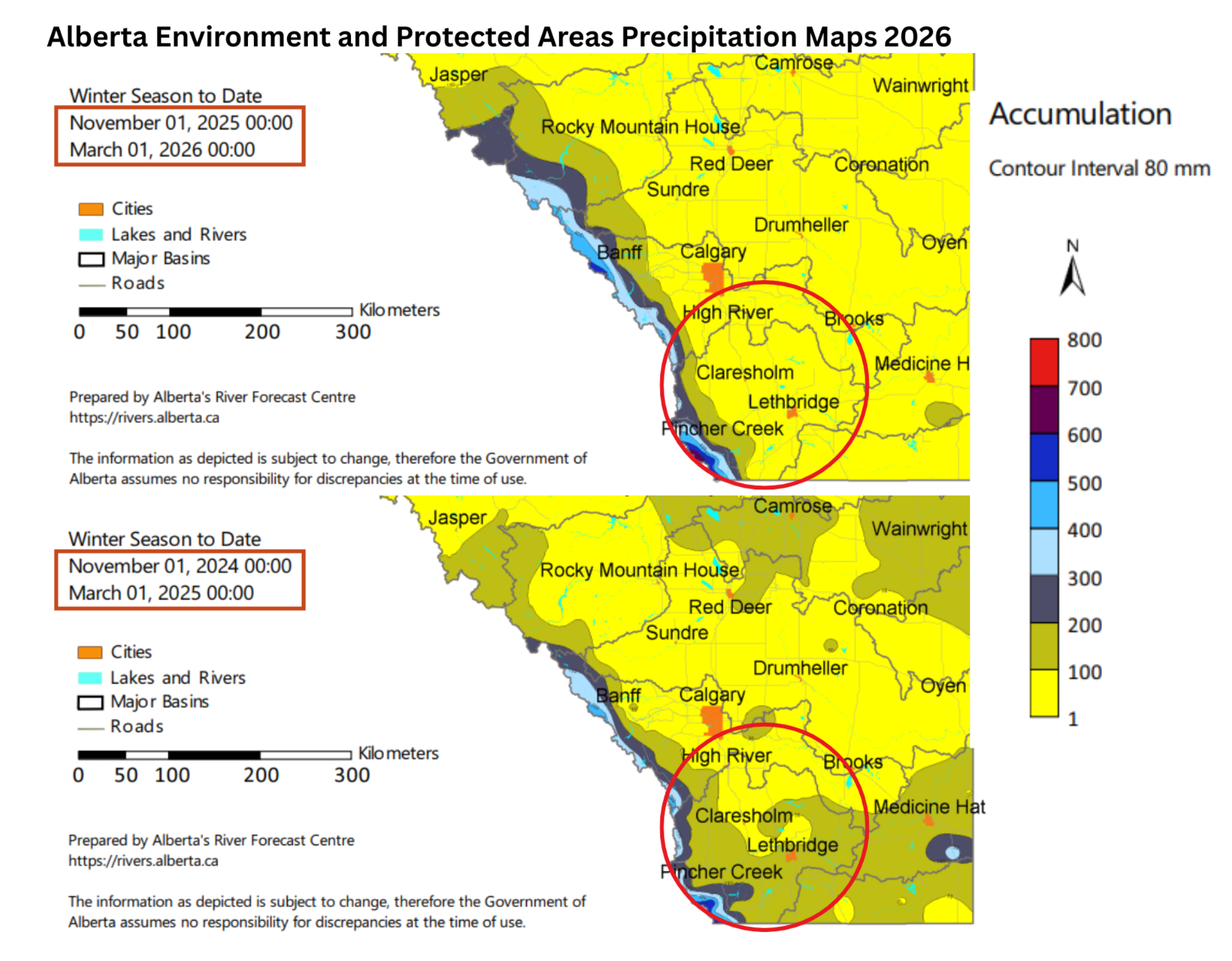 two maps showing winter precipitation in southern Alberta in 2025 and 2026