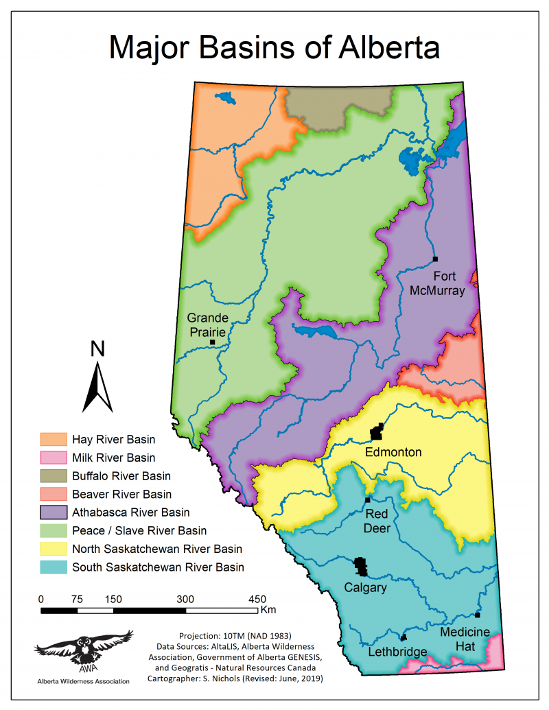 a map of Alberta with coloured regions showing major river basins