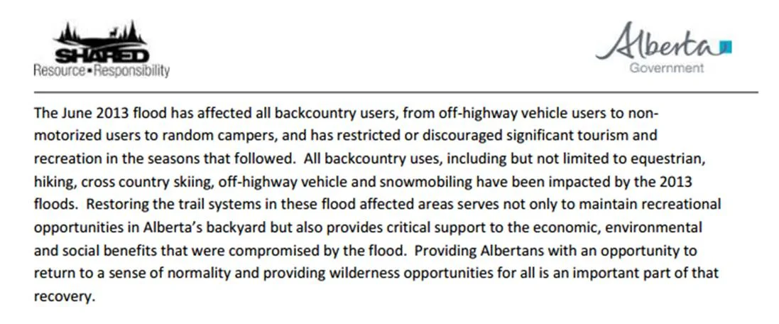 Excerpt from Backcountry Trail Flood Rehabilitation Program © 2014 Government of Albert