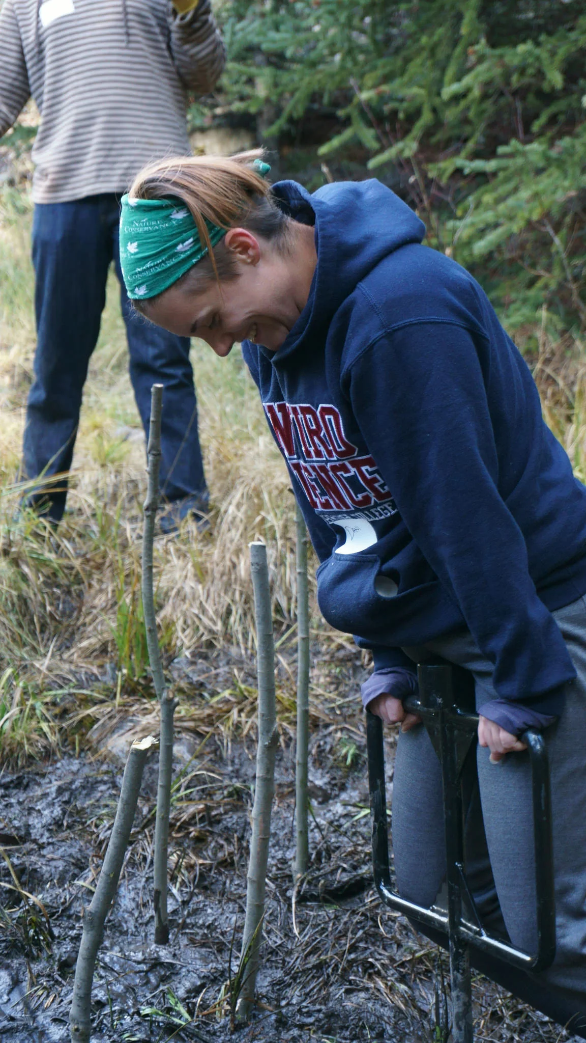 It can be hard work pounding in the pilot hole for a willow stake, as one of our hard-working volunteers, Danielle Crawford, from Lethbridge College, demonstrates.