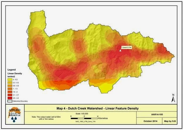 Map of the linear features density in the Dutch Creek Watershed. Map created for the Dutch Creek Linear Features Classification Project. See a previous OWC blog about this here: https://oldmanwatershed-council.squarespace.com/blog-posts/2015/01/linear-features-in-oldman-watershed.html?rq=Dutch%20Creek