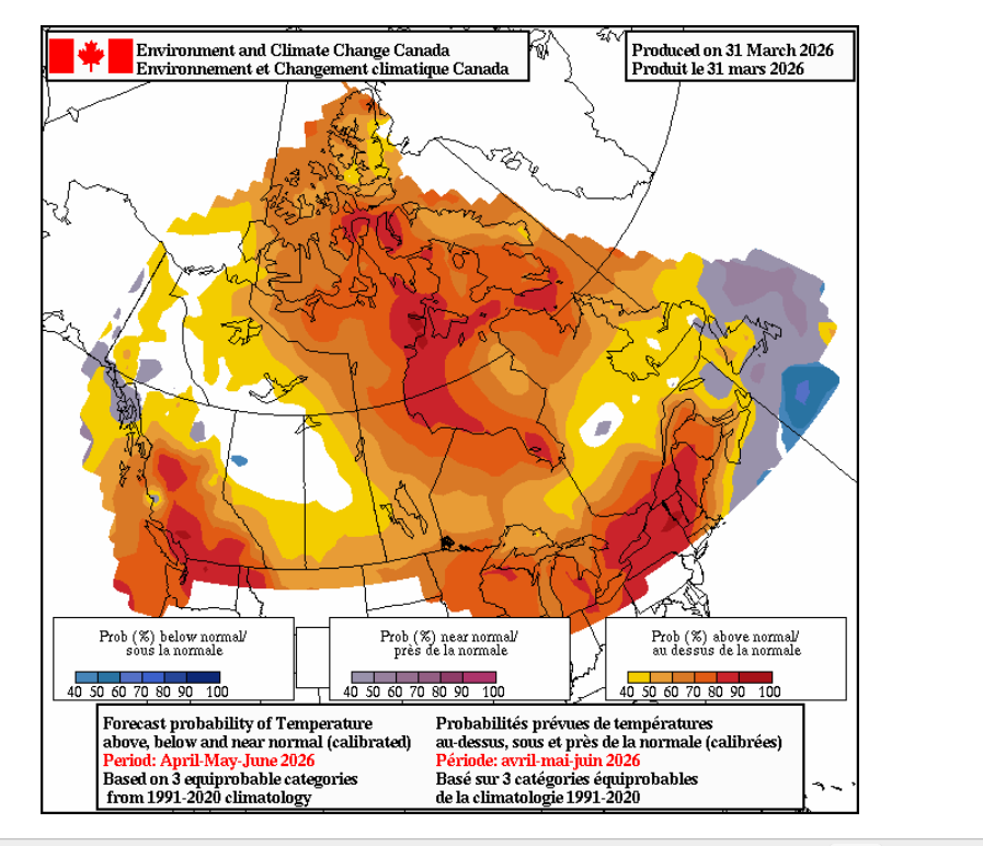 a map of Canada showing summer temperature predictions for 2026