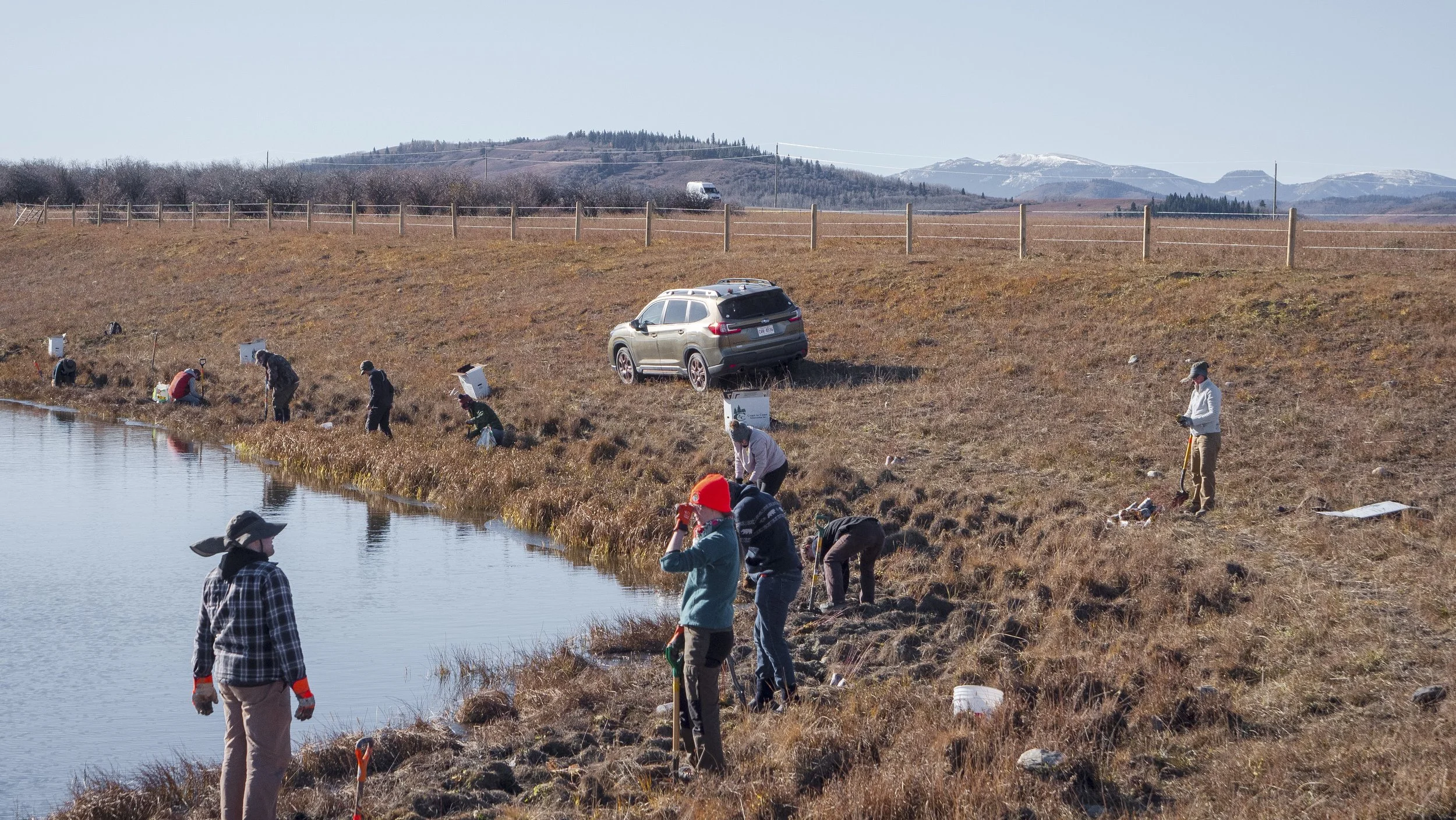 10 people on the shore of a pond