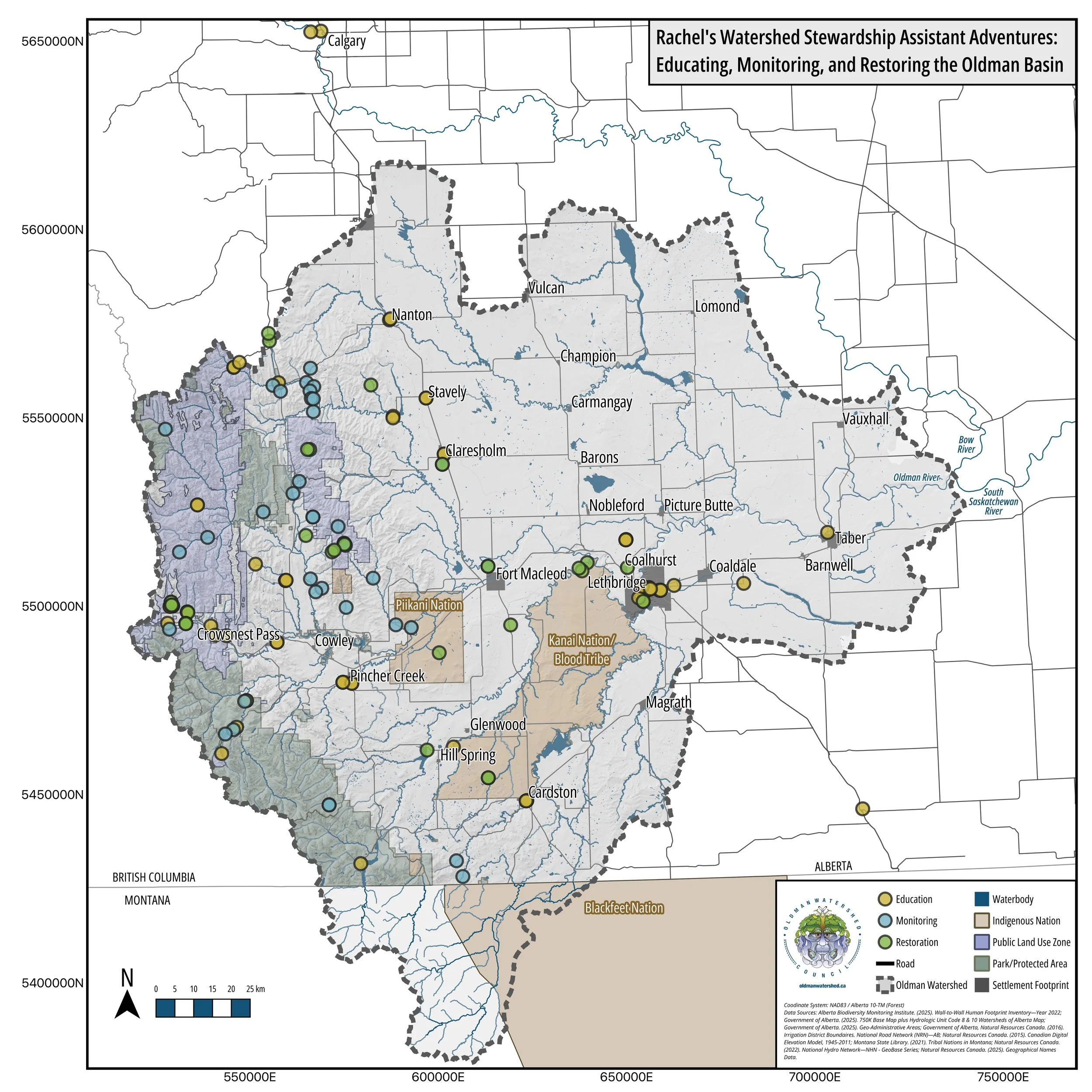 a map of the Oldman watershed with green, blue, and yellow dots to show activities