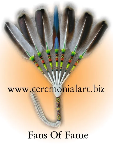 Alexandria feathers fan, side drop fan. This fan only opens toward the side, it does not drop like a round drop fan. This style is common among gourd dancers, nac people, and straight dancers.