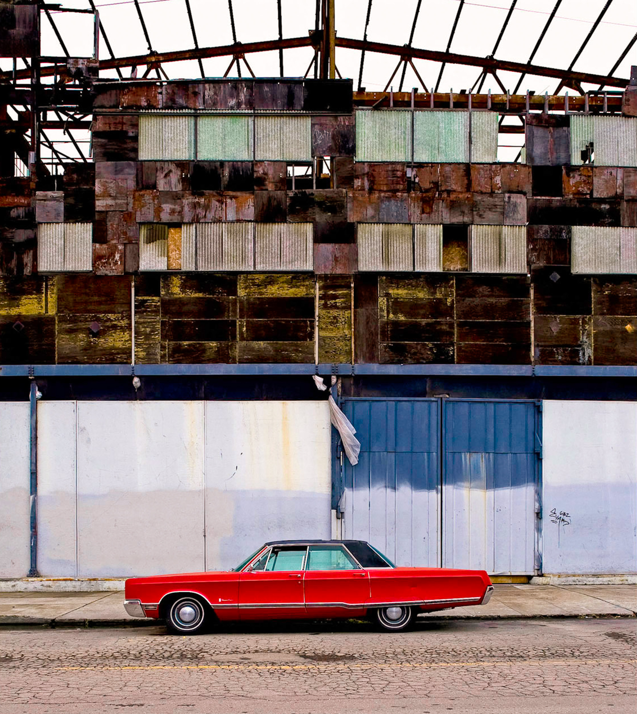 " Red Car on Poplar Street" Painted film over chalk pastel 42" x 40" Jeannie O'Connor © 2010