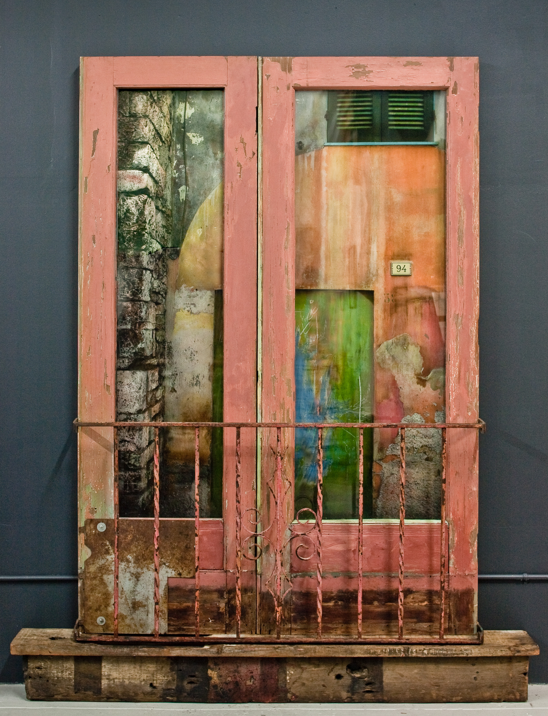 " Spello Construction " Painted film, chalk pastel, painted wood, metal, glass 96" x 56" x 6 inches Jeannie O'Connor 