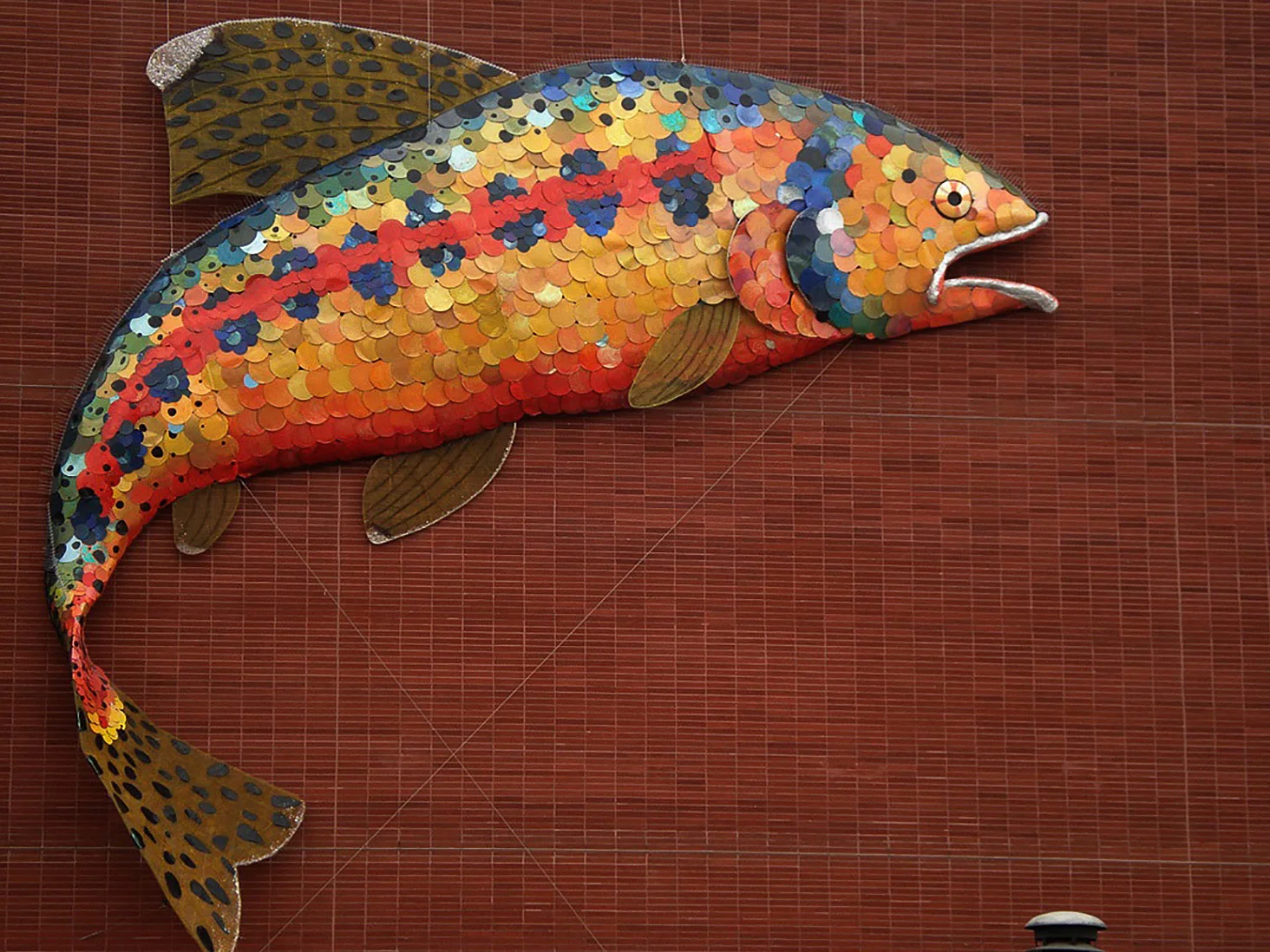 MAKING WAVES: A Ripple Effect Interactive installation1997-98 Guillermo the Golden Trout, permanent sculpture Mixed media, recycled metal. Courtyard & detail. Trout 40’ L, 800 pounds. Richmond Art Center, Richmond, CA This installation embodies Thompson’s ongoing concern with healing & survival: focus on world’s drinkable water & endangered species. Children & fellow eco artists participated with drawings on courtyard floor and artworks. Gallery exhibit had educational text & environmental video.