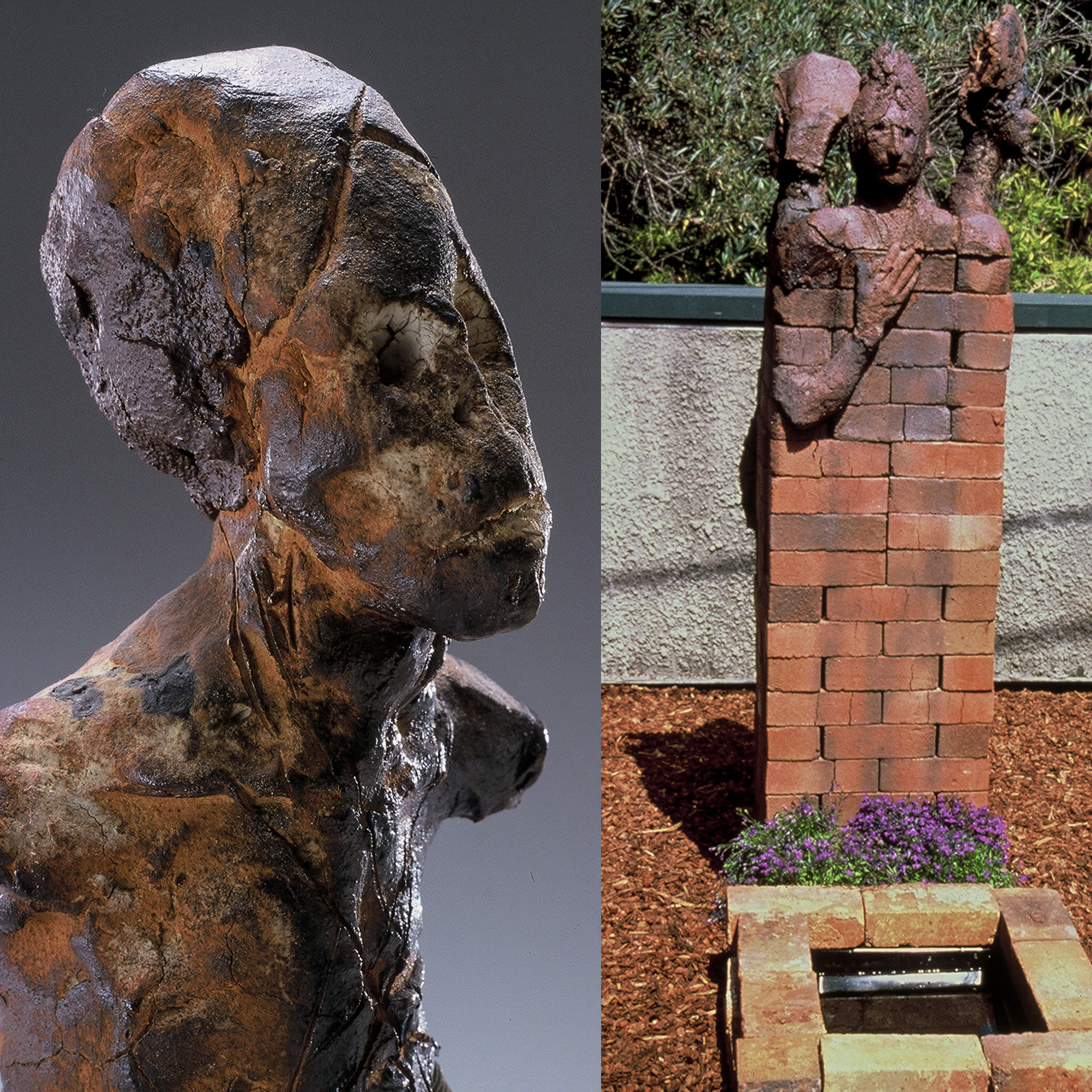 SURVIVORS 1992 Ceramic, brick, wood, photographs. Judah Magnes Museum, Berkeley, CA “This work began in 1978 when I returned from a journey to Hungary in search of surviving family. Originally meant to be a memorial to Holocaust victims, the focus changed in the course of its creation. It became about the healing process and those who survived, about the lifelong challenge of living with and healing traumatic memories. It is about the mysterious life force that makes us want to live. At a time with human life on earth is in danger and needs protection, we all need to know more about the nature of survival. To me, the miracle of our lives is that we can and do survive with the ability to feel life, compassion and love again. It is to those who have survived with love that I dedicate this work. “