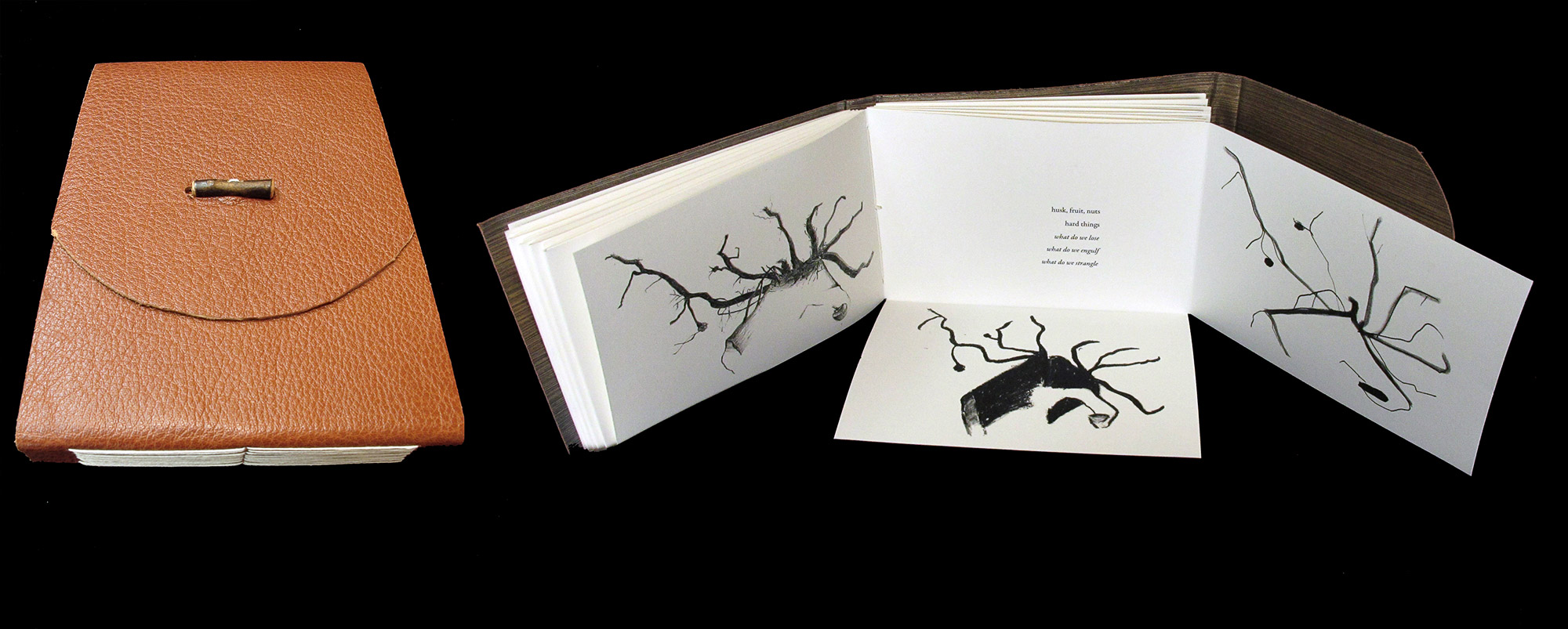 Arbres Arrencats d’Ametles (Upturned Almond Trees) , artist’s book with leather binding. Text by Maw Shein Win
