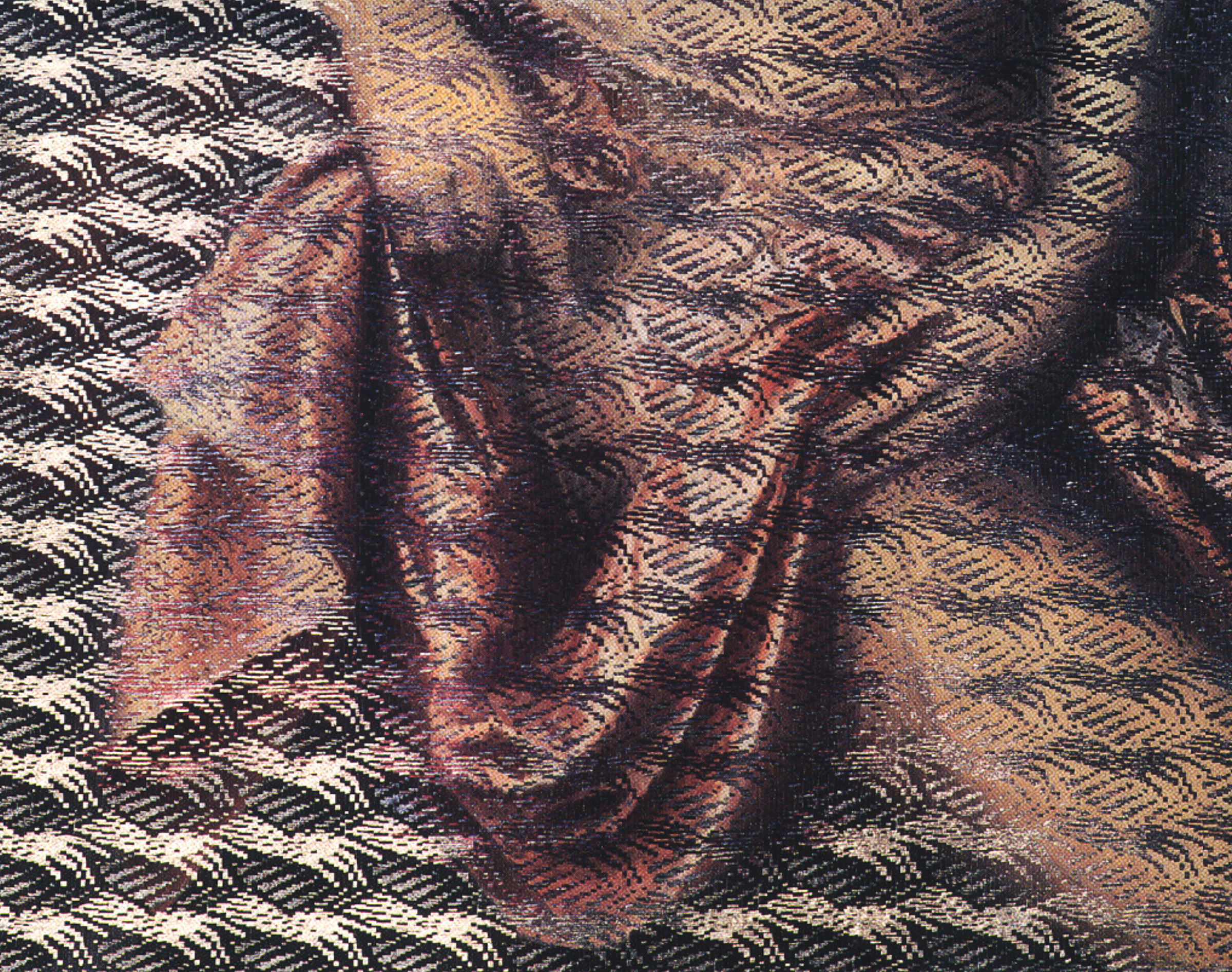 Point of Touch Bathsheba 1995 Linen, rayon, oils, dyes, woven and pressed. Work is a part of series of work done in the 1990's focused on details from old masters and mistresses, paintings of drapery and the touch of the hand or body on cloth. "Material Pleasures" and "Point of Touch" were the latest series and revealed more of the hand and body.