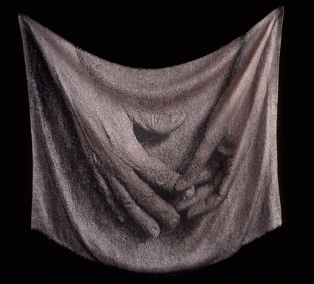 Presenceo Absence Light Touch II 1998 Cotton Rayon Hand woven Work represents the touch of the hand on cloth. Image is frame from a video taken as a person manipulates cloth. The image is woven into the cloth and the cloth is draped to resemble the image of the draped cloth.