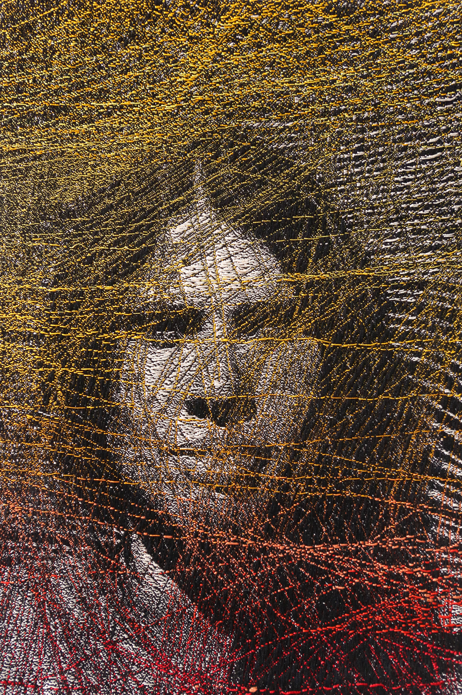 Inner Tracts 2014 19" x 13" Cotton, rayon hand woven The "Tracts" are the "fiber tracts", the neural connections through the white matter of the brain connecting different parts of the brain. This is an image of myself as young woman and diffusion spectrum magnetic resonance imaging (DSI) of my "fiber tracts."