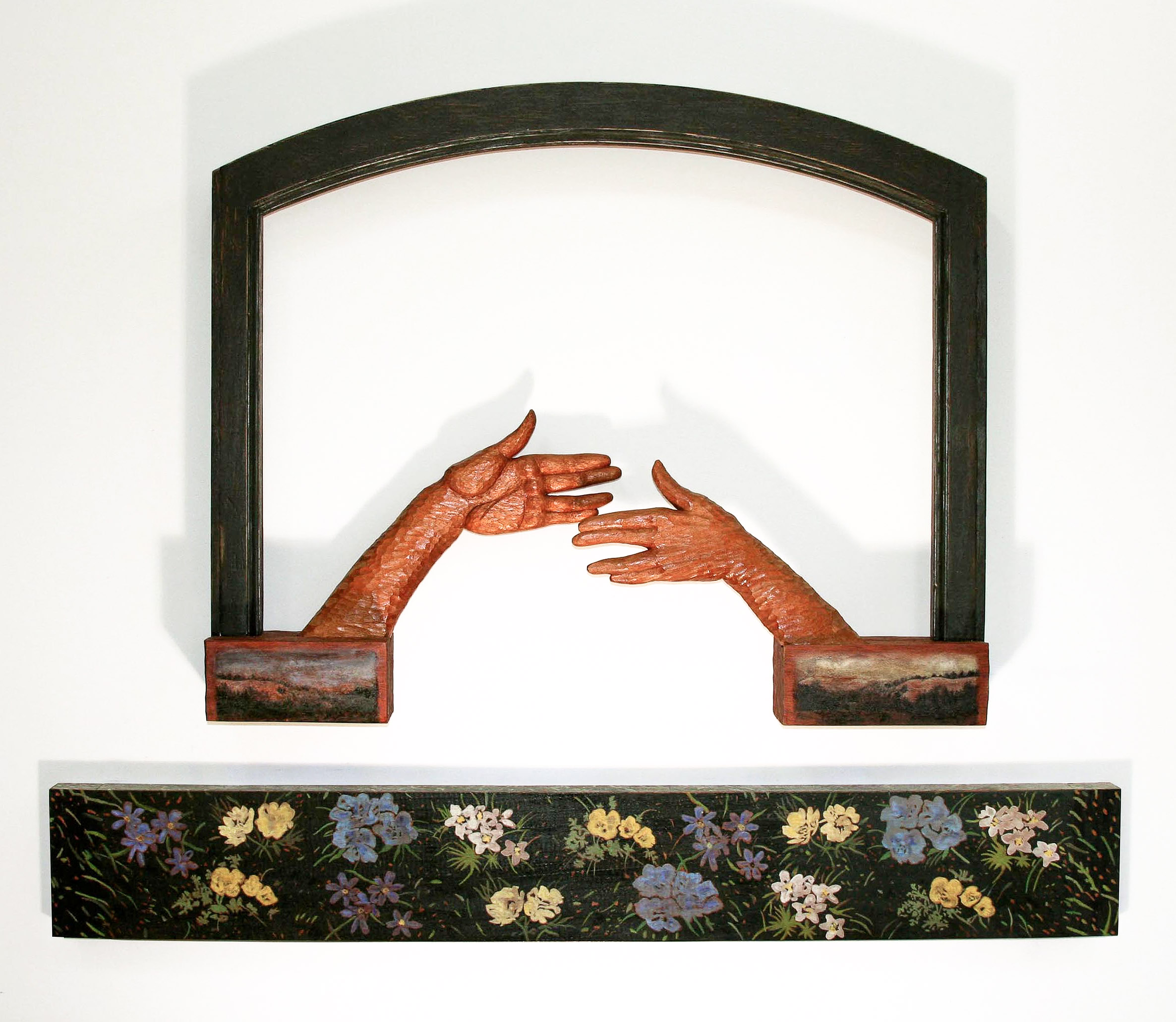 The Fox’s Wedding 38”x 46”x 4” Carved and painted mahogany