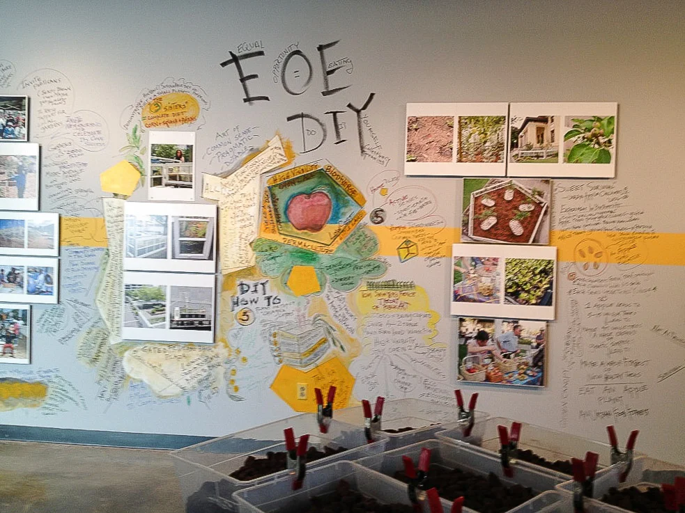 EOE (EQUAL OPPORTUNITY EATING). 2013. American University Museum, Washington D.C. Detail of larger installation of improvisational wall painting, documentary photo diary, and floor sculptures. Discusses political, social and environmental issues of public projects 1990-2013.