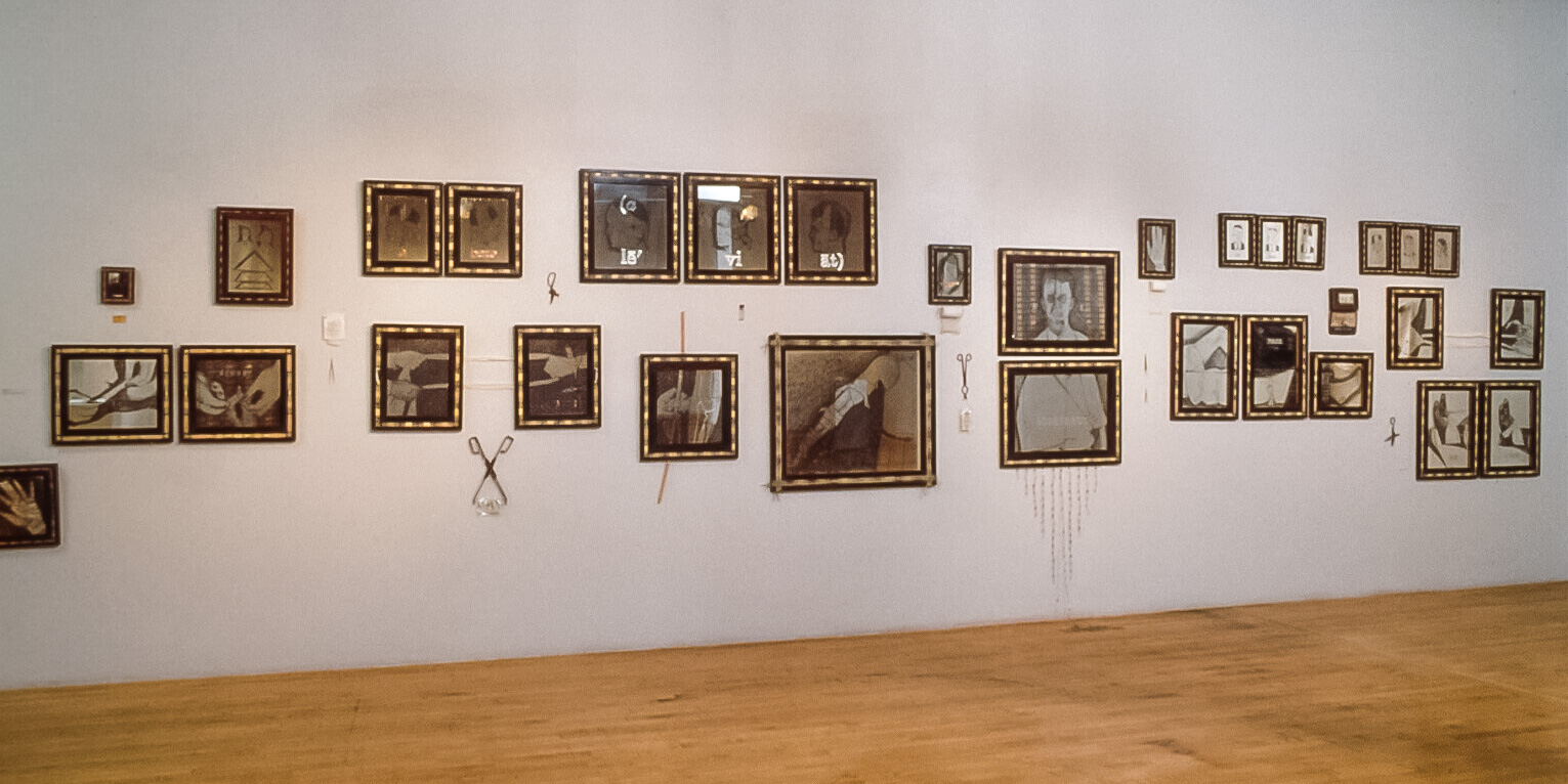 First Aid, (partial installation view), mirror, plexiglass, wood, acrylic, bandages, beeswax, found objects, dimensions variable, 1996-1997, (Made in reflection of ten years of Positive Art, my artist residency in the SF Bay Area AIDS services community.)