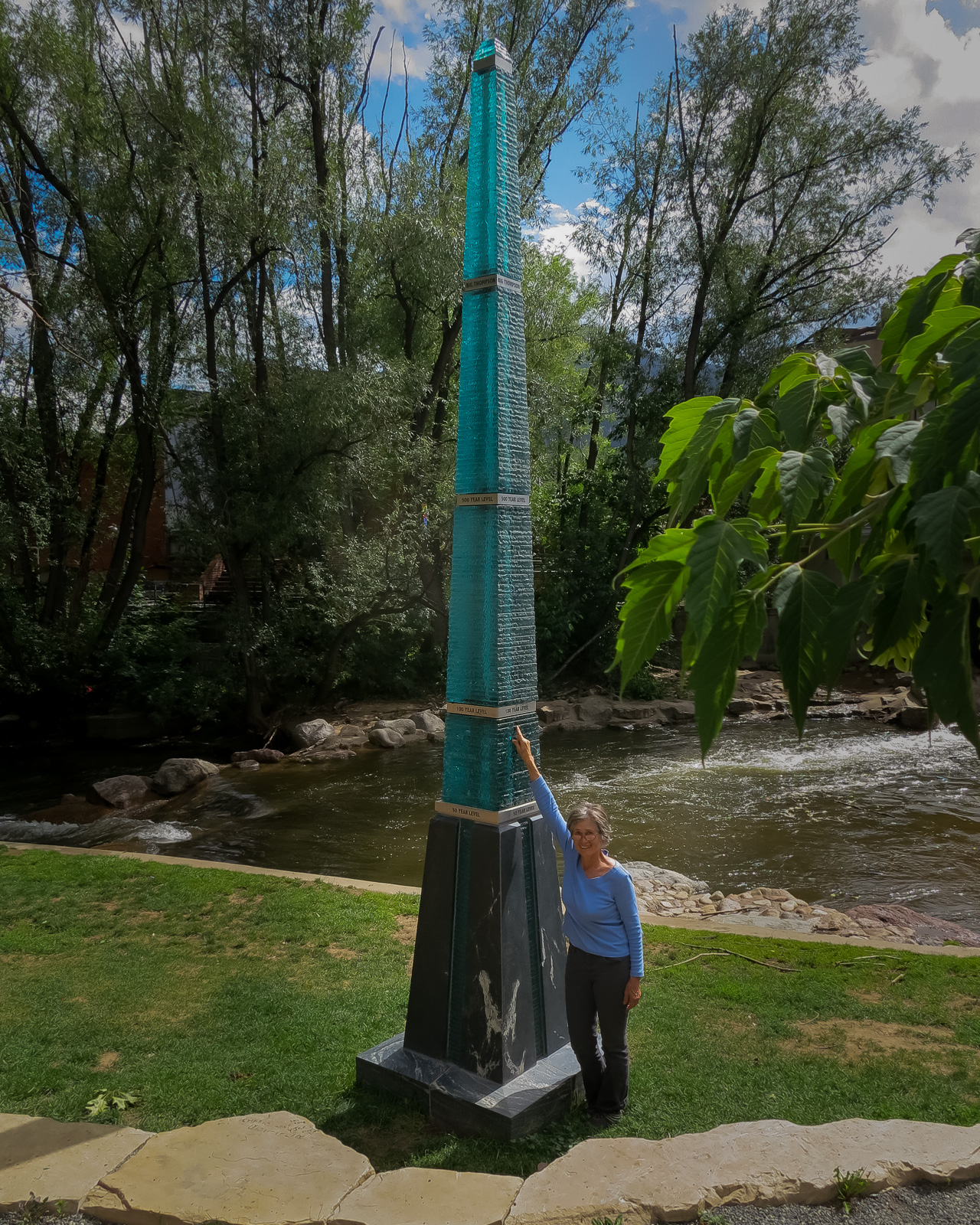 Boulder Colorado Flood Marker Project Flood Marker design idea by Mary White, fabricated by Mary White, Dorothy Lenehan and Christian Muller, and supported by 18 member team of scientists, engineers, naturalists and flood plain managers, with over 400 community donors. Flood marker is memorial to Mary’s father Gilbert White, water resources geographer.