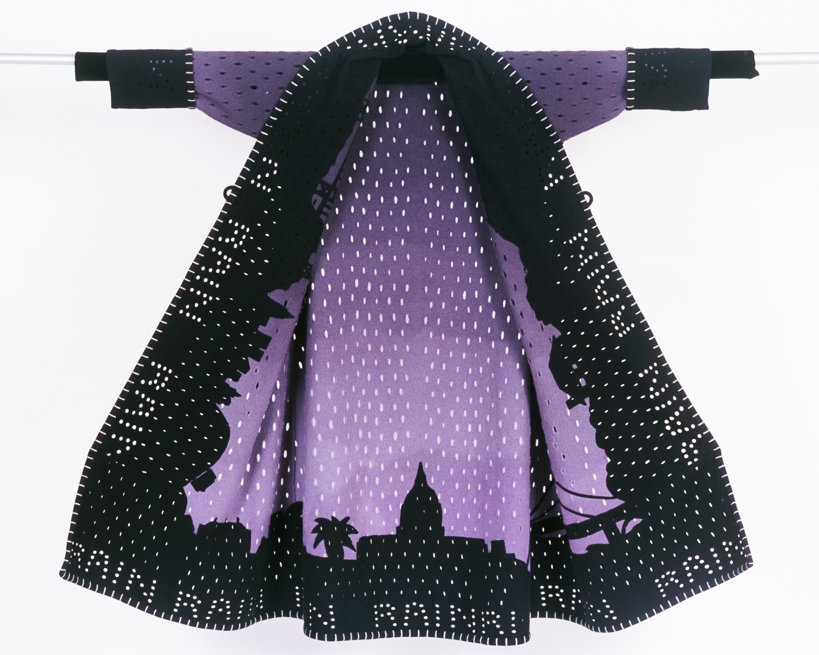 Rain Coat 2006 56"x59". Wool cloth, felted, pierced, dyed, stitched.