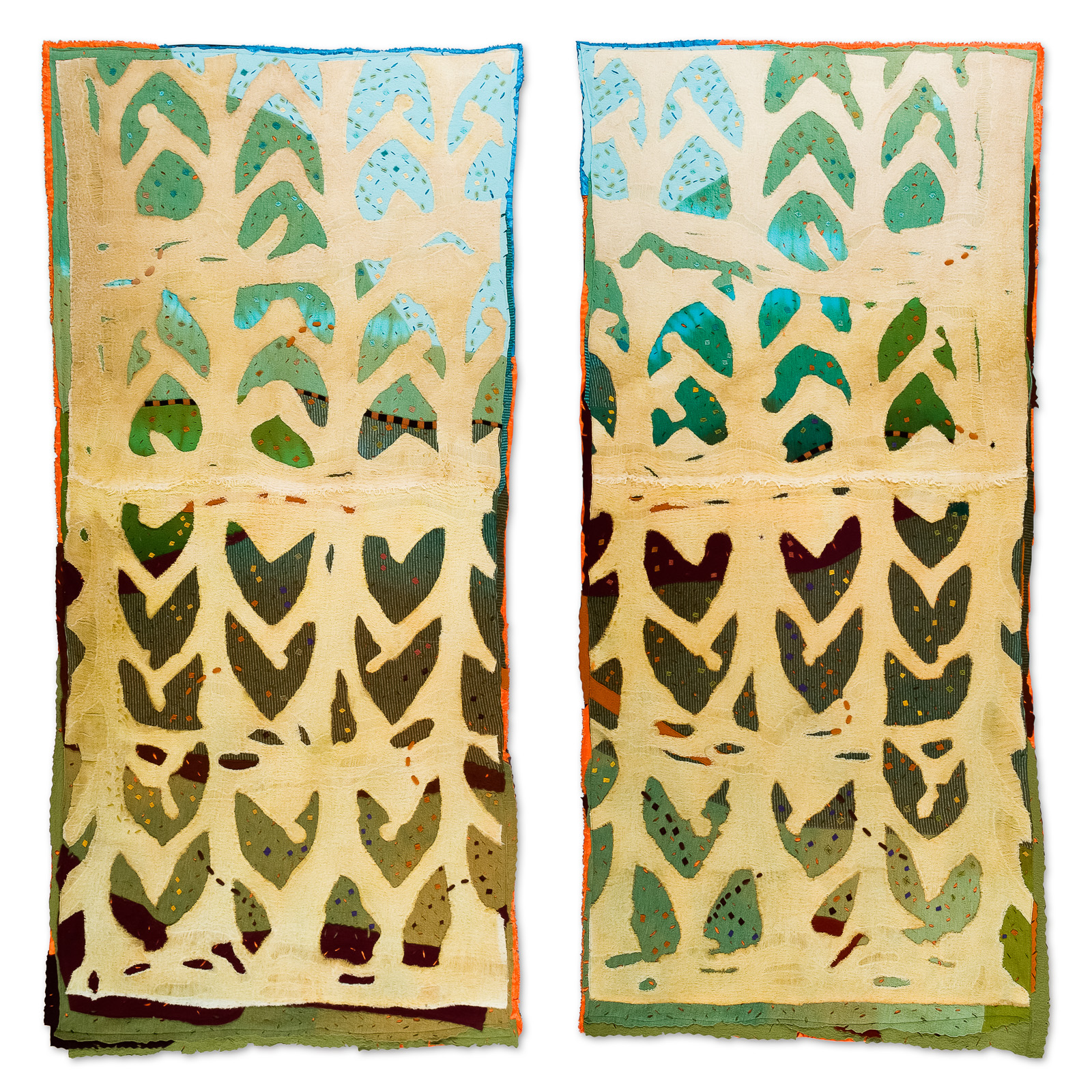 Layers of Meaning 2007 2@ 87"x1/2"x36" each. Wool cloth, felted, dyed, stitched.