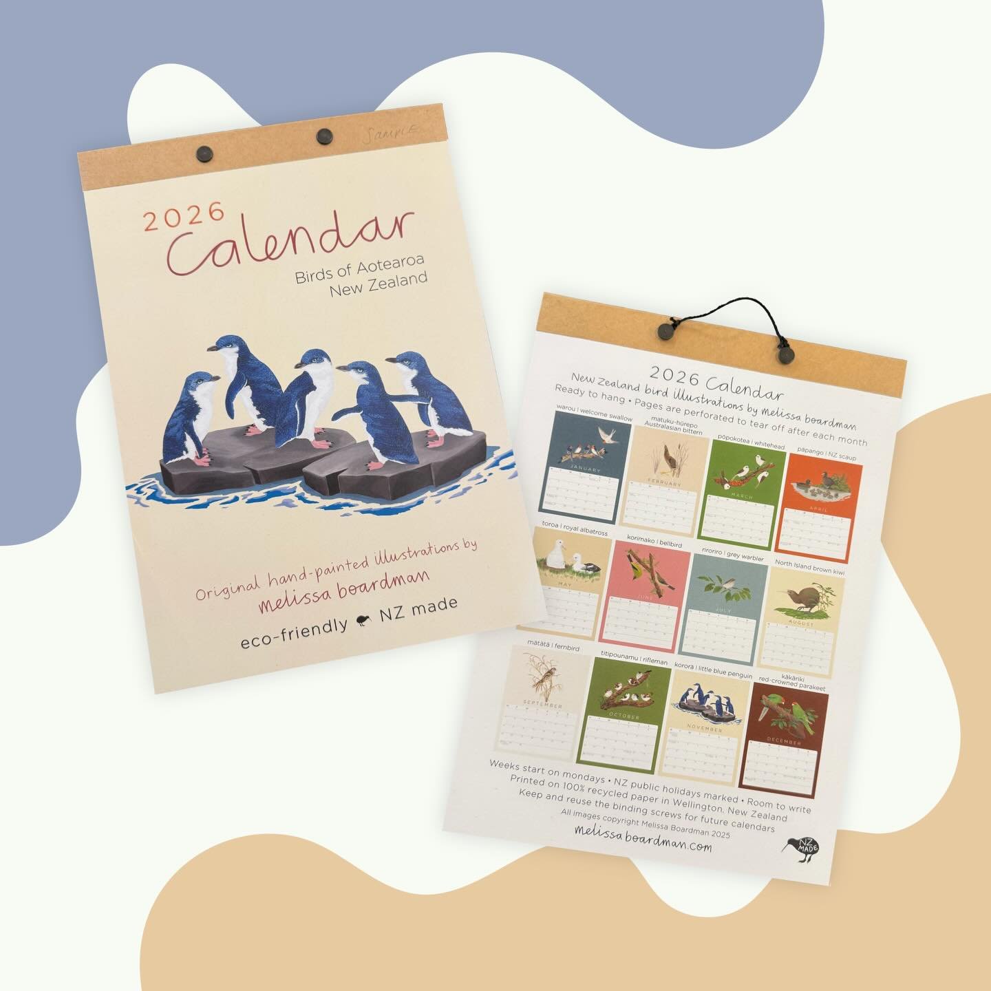 The 2026 @melissa_boardman calendar is now in store at @guilddunedin along with a few other bird themed treats! A3 and A4 available. These are always so popular so get in quick!