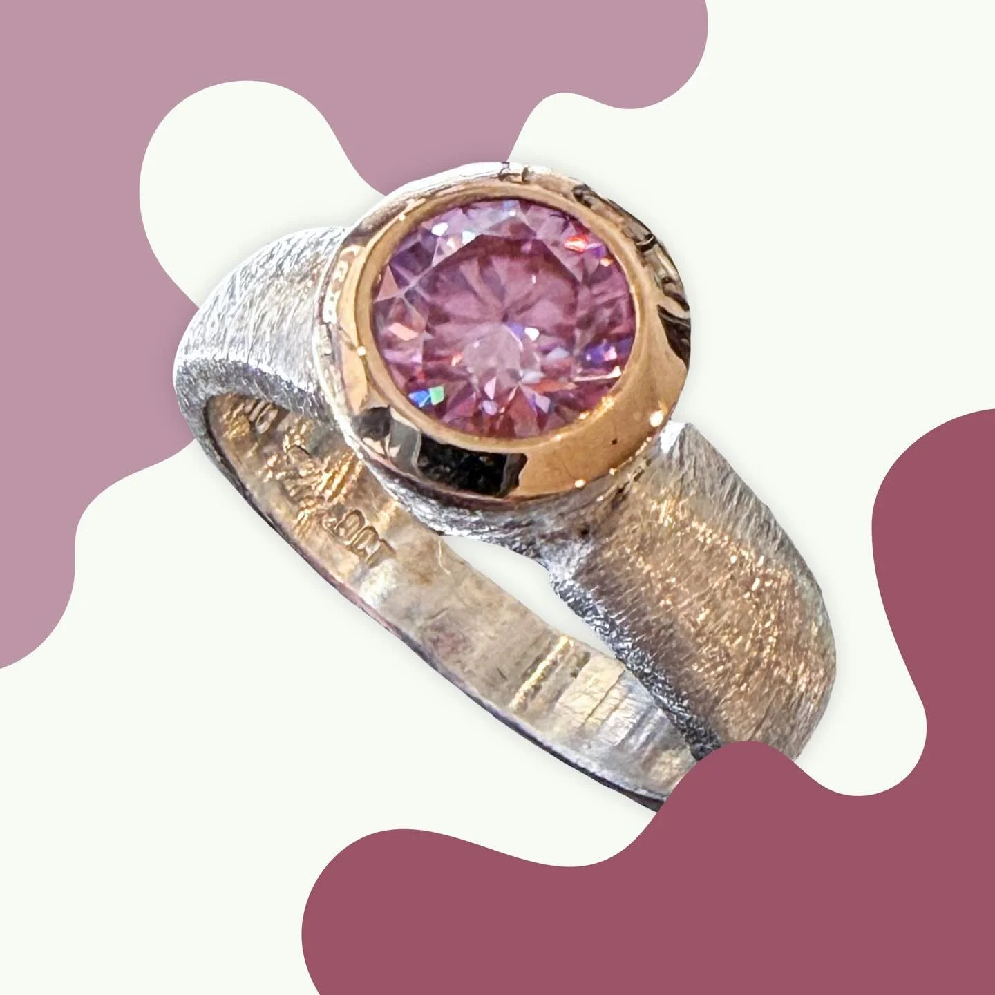 One of two new pieces in store from @jewellerybyidour - textured silver, rose gold and 1.0ct moissanite, this with exquisite pink, the other with a deep champagne colour. So pop in for a closer inspection!