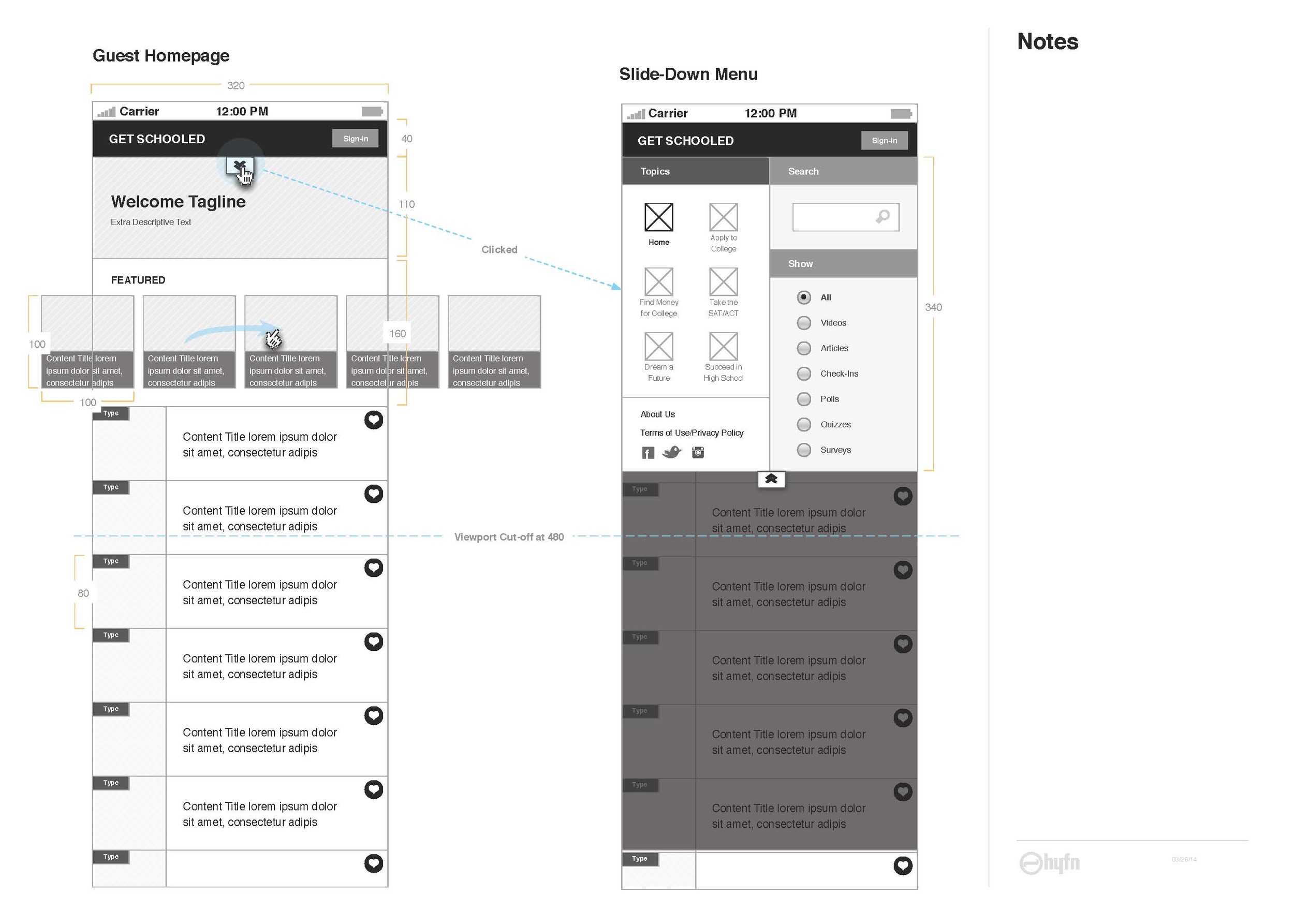 The guest view of the mobile homepage along with some technical dimensions