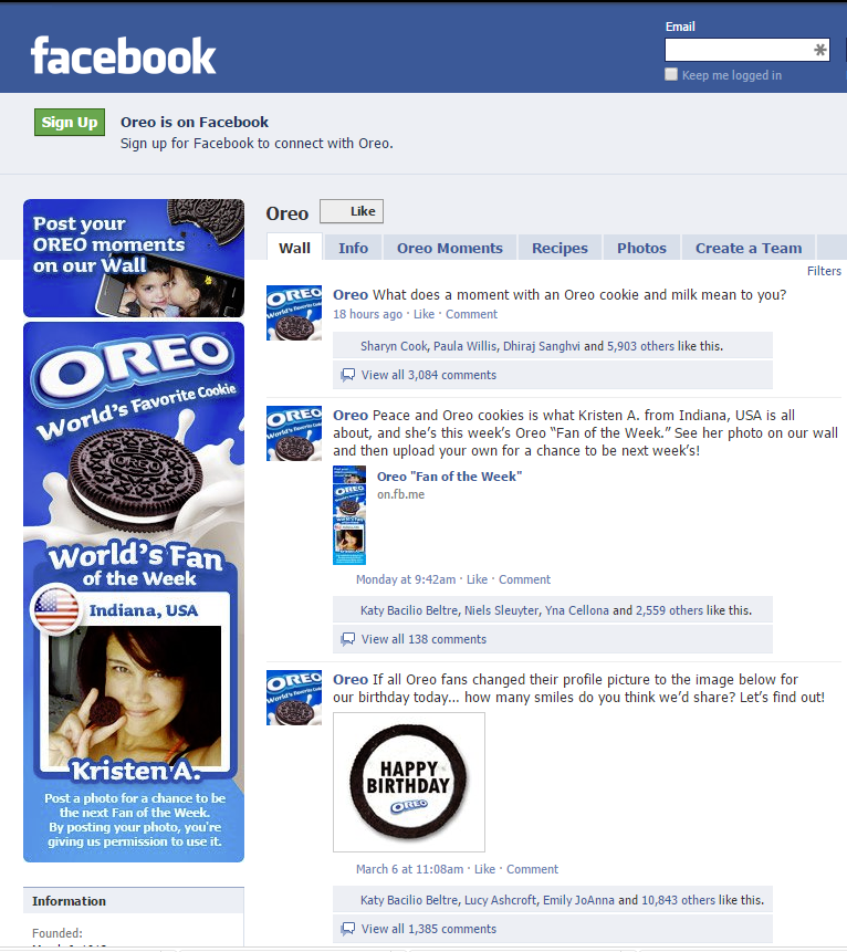 Launched Facebook page for Oreo, becoming the first major brand to activate on the fledgling social media platform