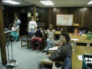 The cast of 'The Cabin Next Door', the Icebox Radio Theater's first play waits for the broadcast cue in July of 2004