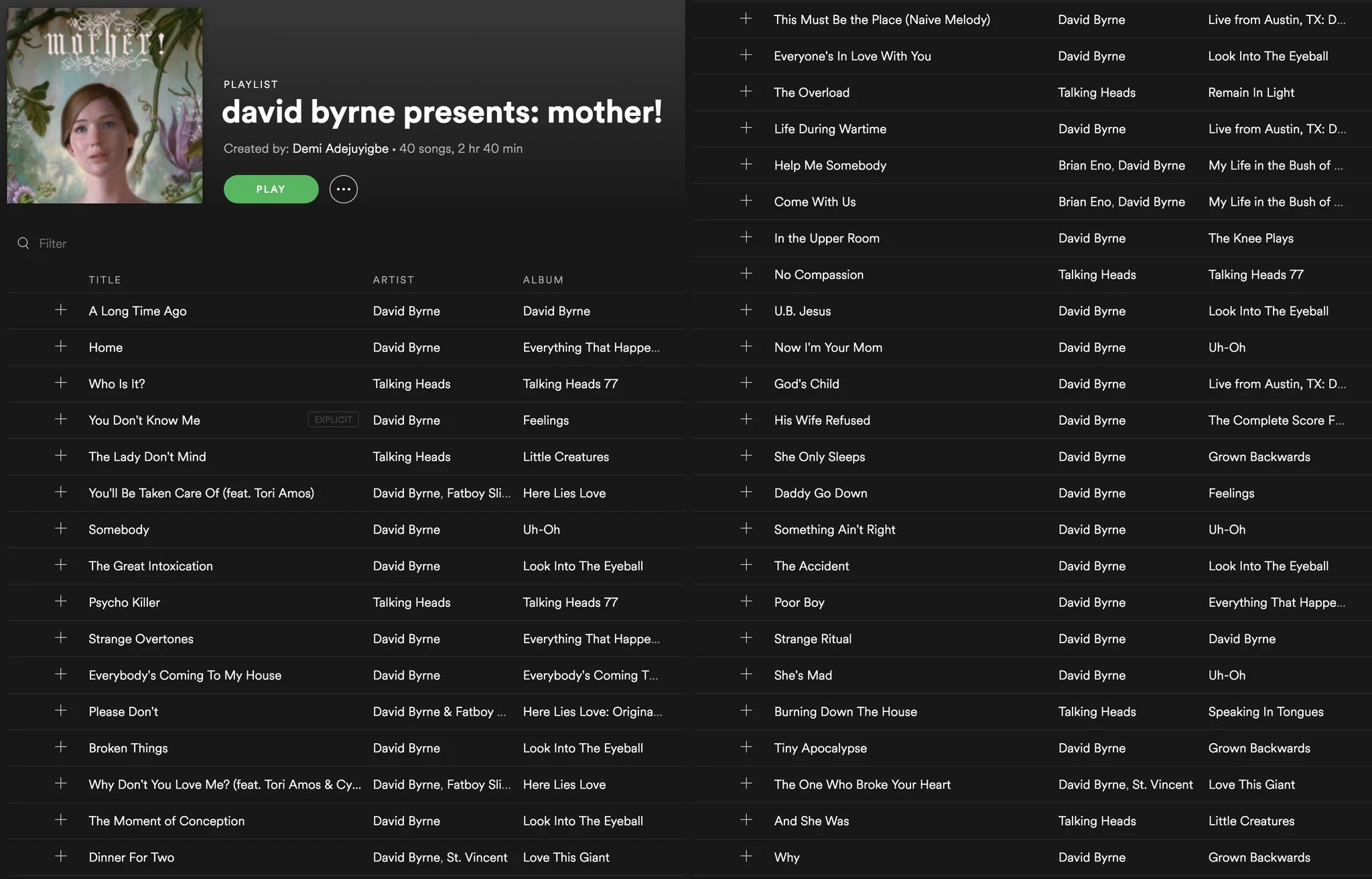 From Demi Adejuyigbe ( @electolemon ), “David Byrne presents: mother! ,” a playlist.