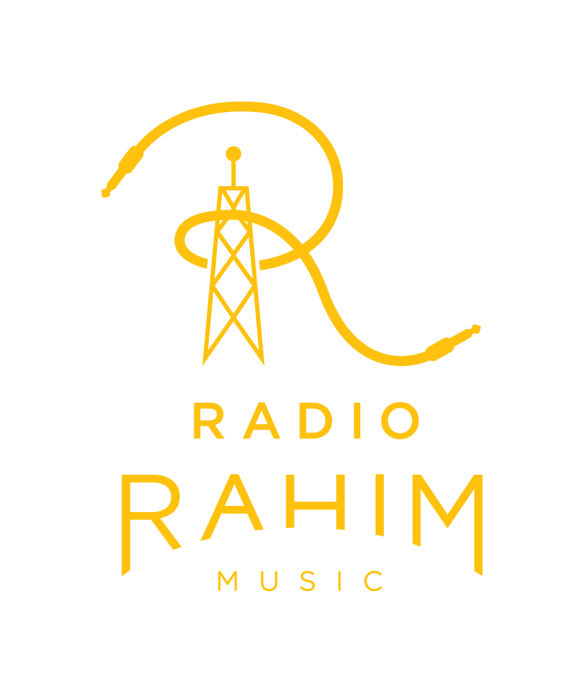 Logo for Radio Rahim Music featuring a yellow radio tower with a wire connected to it, on a black background, with the text 'Radio Rahim Music' in yellow.
