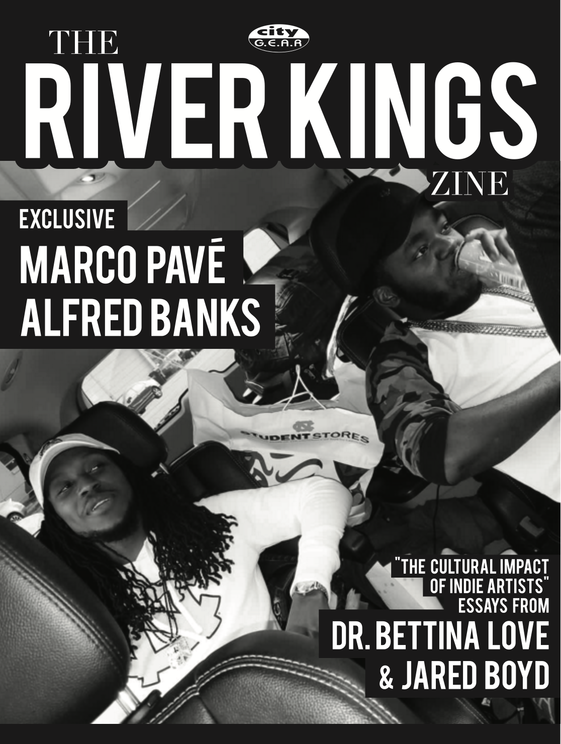Black and white cover of The River Kings Zine featuring two men, one with dreadlocks and a cap, sitting in a car and looking at the camera, with text highlighting exclusive interviews and essays from indie artists.