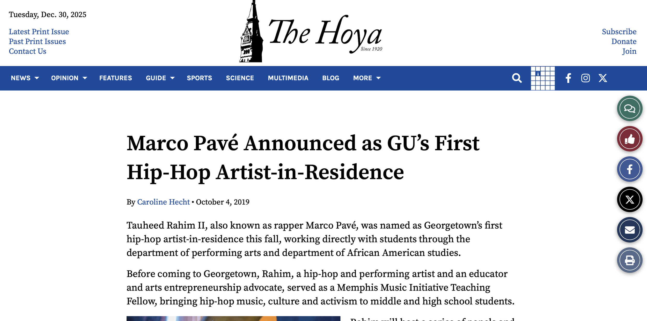 Screenshot of a news article webpage titled "Marco Pavé Announced as GU’s First Hip-Hop Artist-in-Residence" from The Hoya.