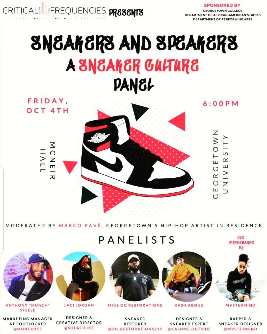 Event poster for a sneaker culture panel organized by Critical Frequencies, sponsored by Georgetown College. The event is scheduled for Friday, October 4th at 6:00 PM at McNier Hall, Georgetown University. Features a large illustration of a black, white, and red sneaker, with panelists' photos and names listed at the bottom.