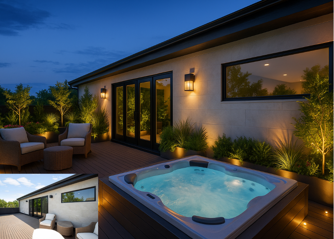 Hot tub with lighting in the plants