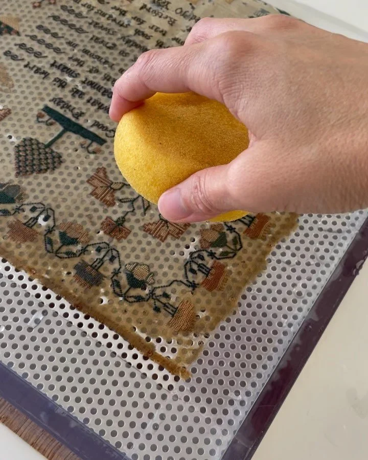 I never tire of working on samplers, there&rsquo;s something so intimately beautiful about them, especially when they are girls learning the craft of embroidery from such a young age. This came to me, as many do, in a frame that has been detrimental 