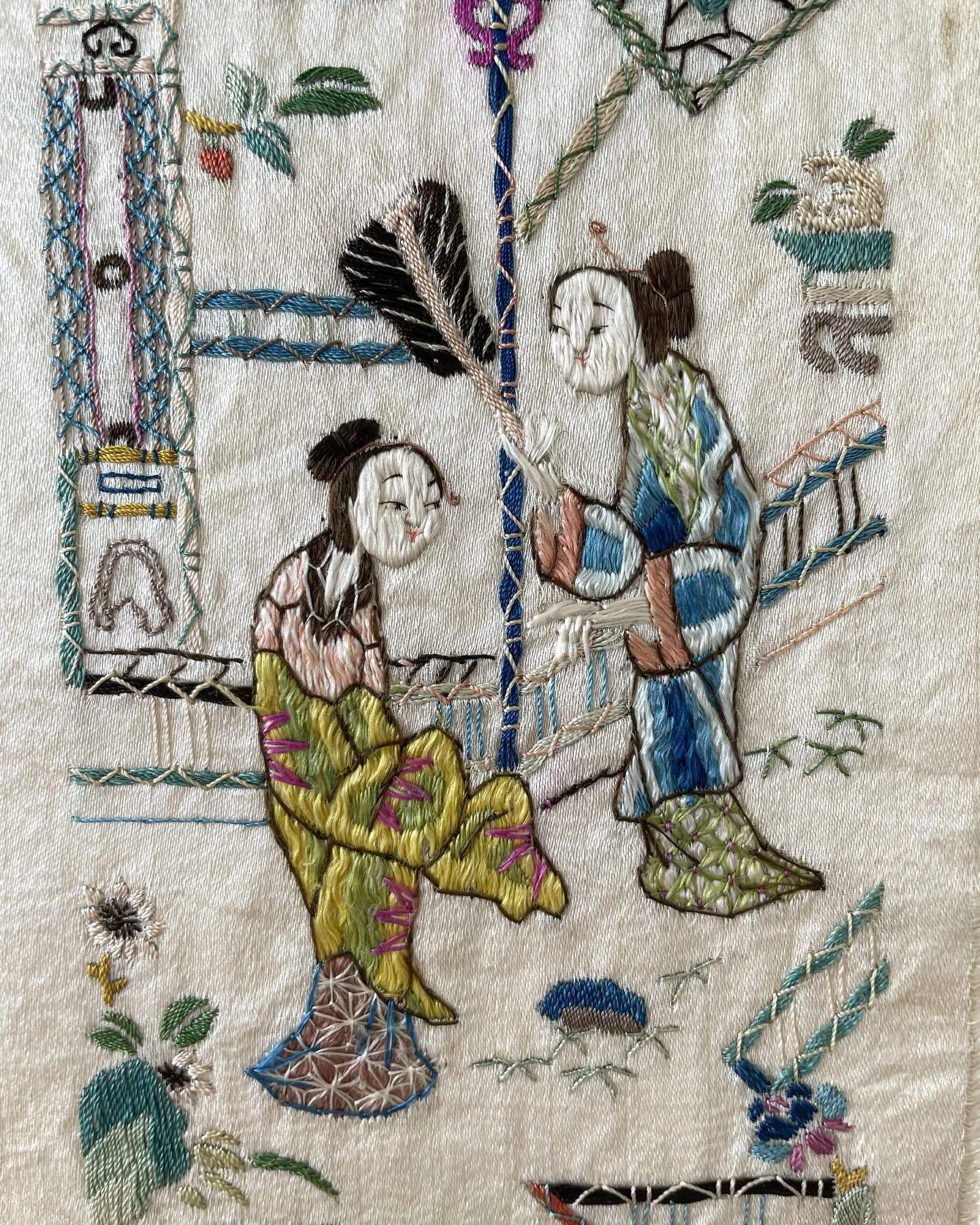 A lovely set of Japanese hand embroidered silk panels needing some conservation before being framed. A gentle vacuum and humidification to relieve some of the creases was applied. A silk crepeline adhesive support was applied to the areas that were h