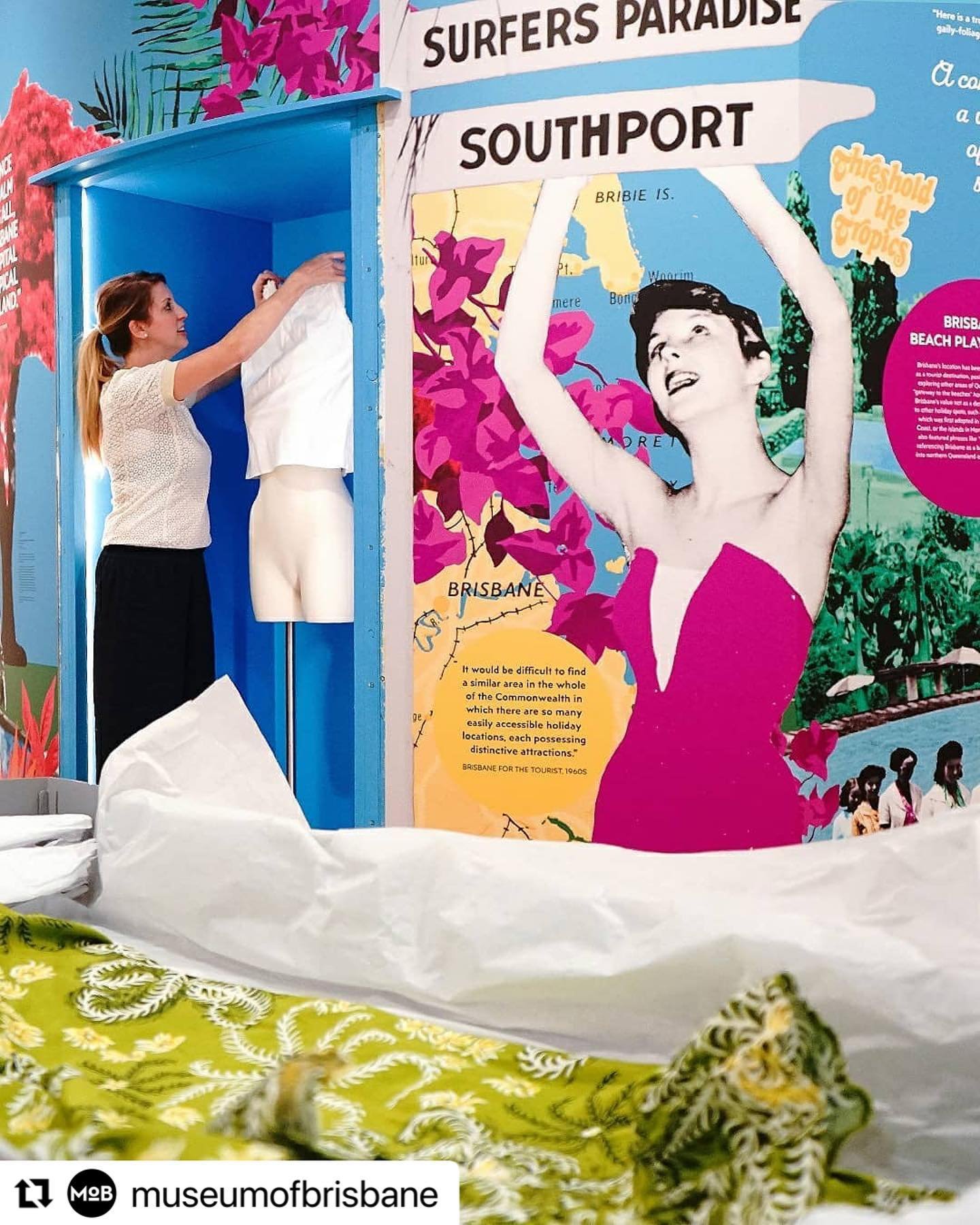 Closing on 18th April 2022, the perfect Easter weekend activity if you&rsquo;re in Brisbane #Repost @museumofbrisbane with @make_repost
・・・
A new pop of colour added to our exhibition, City in the Sun ☀️

Textile Conservator, Louise McCullagh joined 