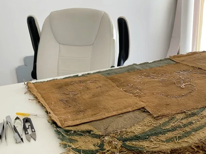 The next step for the tapestry was removing the hessian and previous wool repairs.

The video shows the first patch of hessian being removed which was one hour&rsquo;s worth of work condensed into 30 seconds. The other two patches were removed which 
