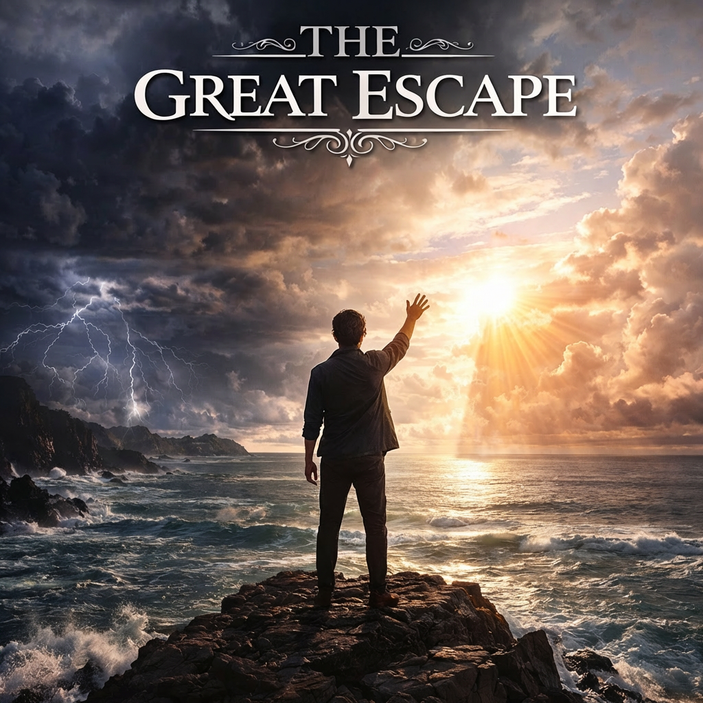 Cinematic realistic album cover photo of a man standing on dark coastal rocks above a wild ocean, reaching toward brilliant sunlight breaking through dramatic clouds, with storm on one side and hope on the other, e.png
