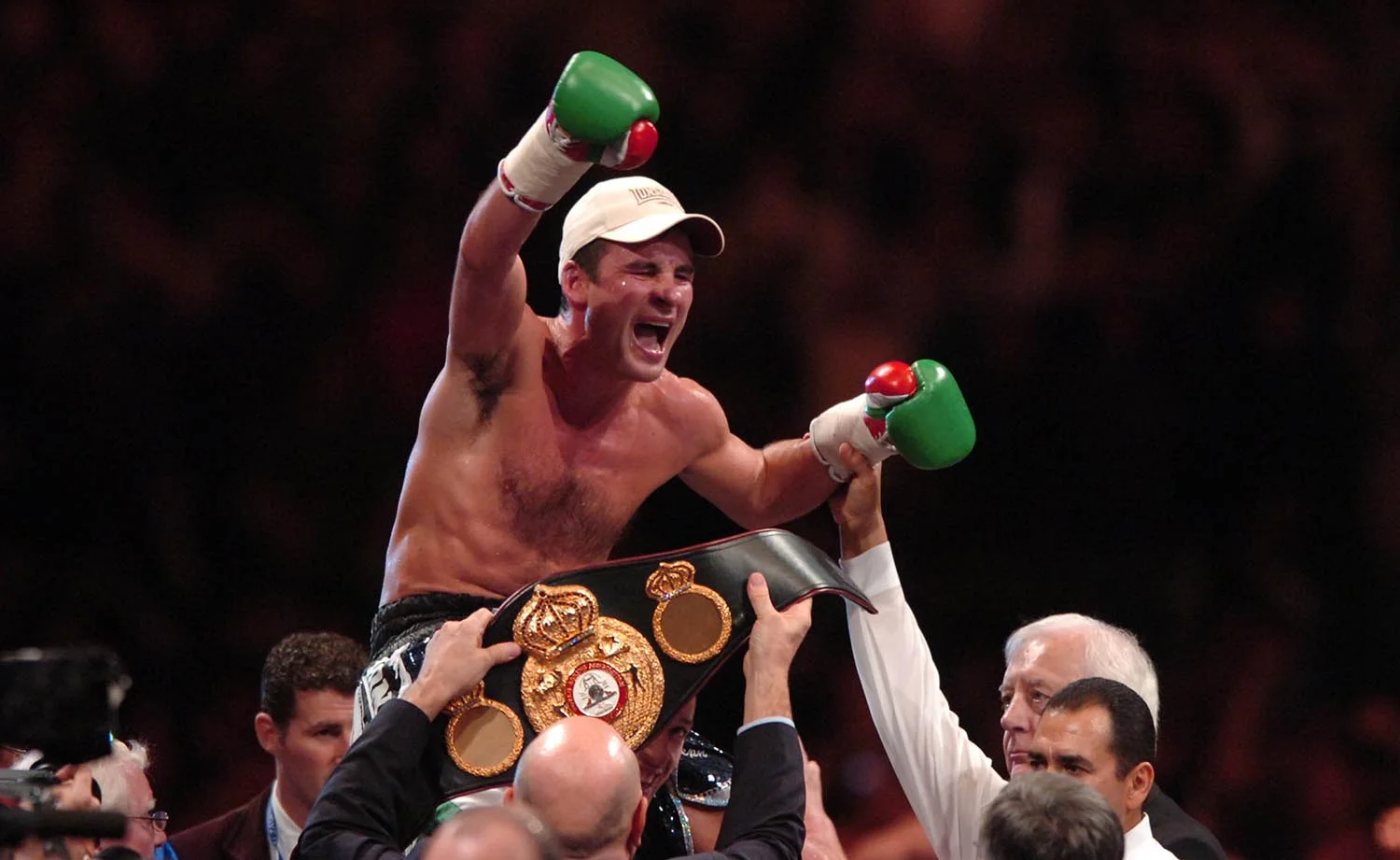 Joe Calzaghe celebrates victory over Mikkel Kessler