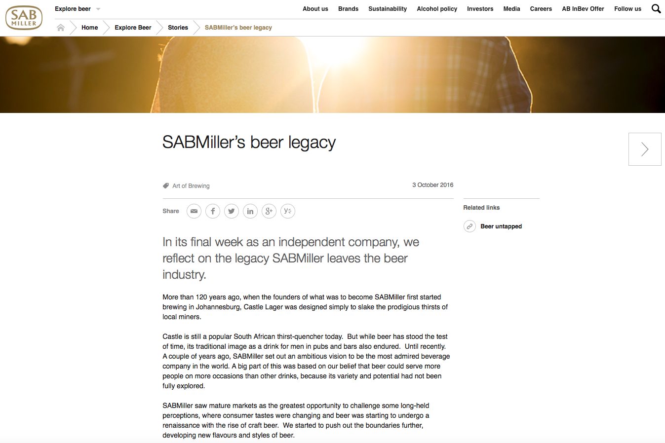 SABMiller published more than 160 'stories' on its global website. This is its last. 