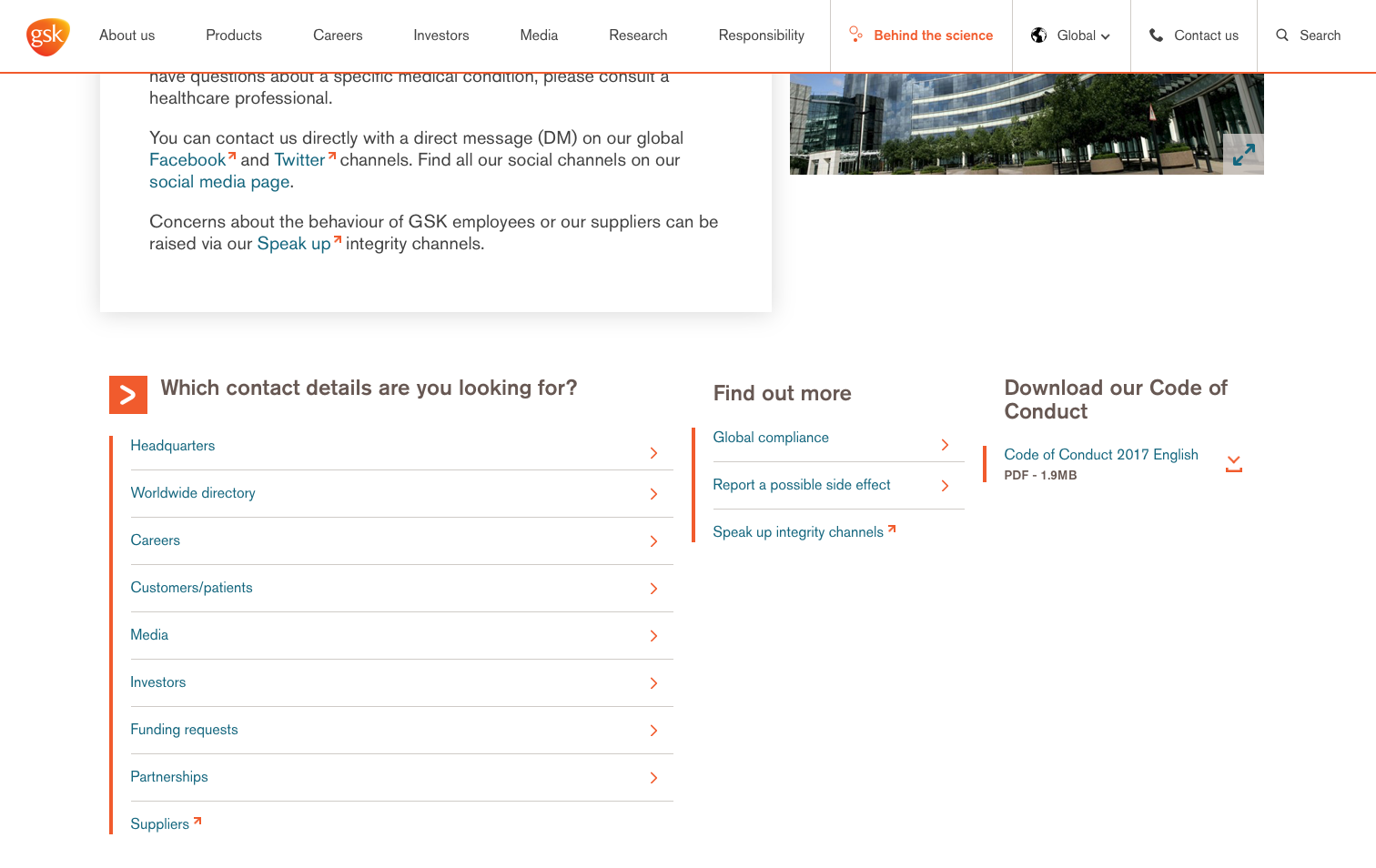 GSK - the top company overall in the 2018 Bowen Craggs Index - has a model global 'Contact us' page. It features clear language and comprehensive signposts, including simple but significant links to Facebook and Twitter.