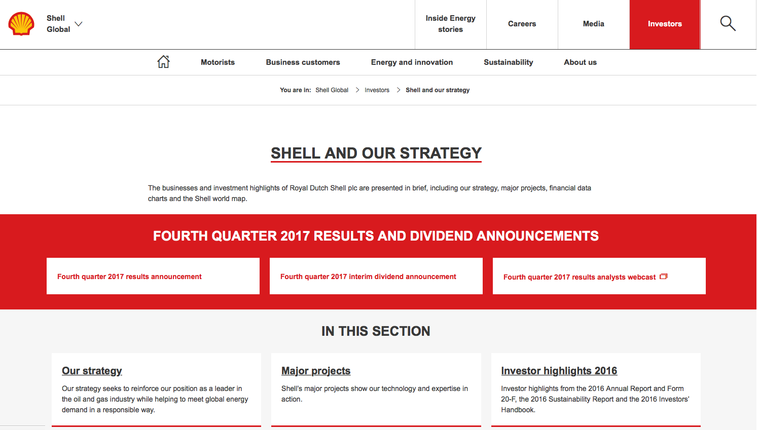 Shell's recently redesigned Investors section houses exceptionally rich materials covering not just financial results, but all aspects of the business in which investors and analysts are likely to be interested, from major projects to company strategy.