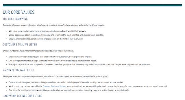 Danaher's 'Shared Purpose and Core Values' page
