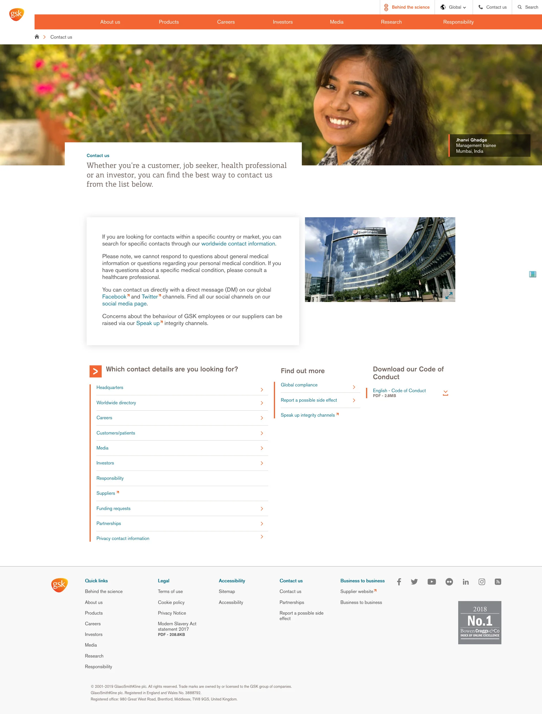 GSK’s global site has an unusually comprehensive main contact page