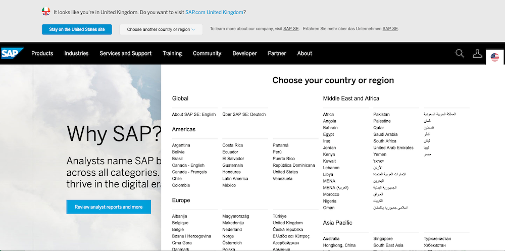 This country menu covers the consumer and corporate parts of the SAP online estate