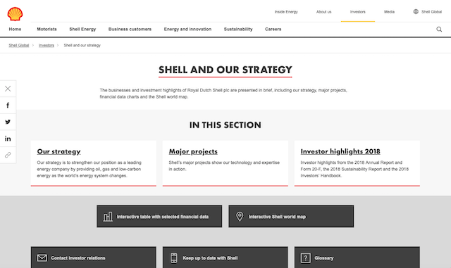 Shell is a long-time high-performer in this category. Information in the global site’s Investors section remains as rich as ever. The ‘Shell and our strategy’ sub-section is complemented by the impressive Investors Handbook and Annual report, both available online and in PDF.