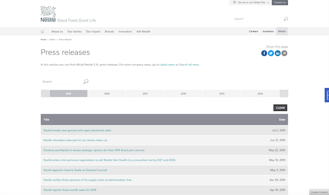 Nestlé’s press release archive is easily found, neatly presented and displays well on a mobile.